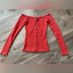 Orange/ Red Off-Shoulder Lace-Up Knit Going out Long Sleeve Shirt
